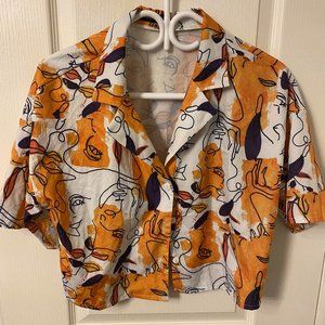 Abstract Pattern Button Up Crop Blouse